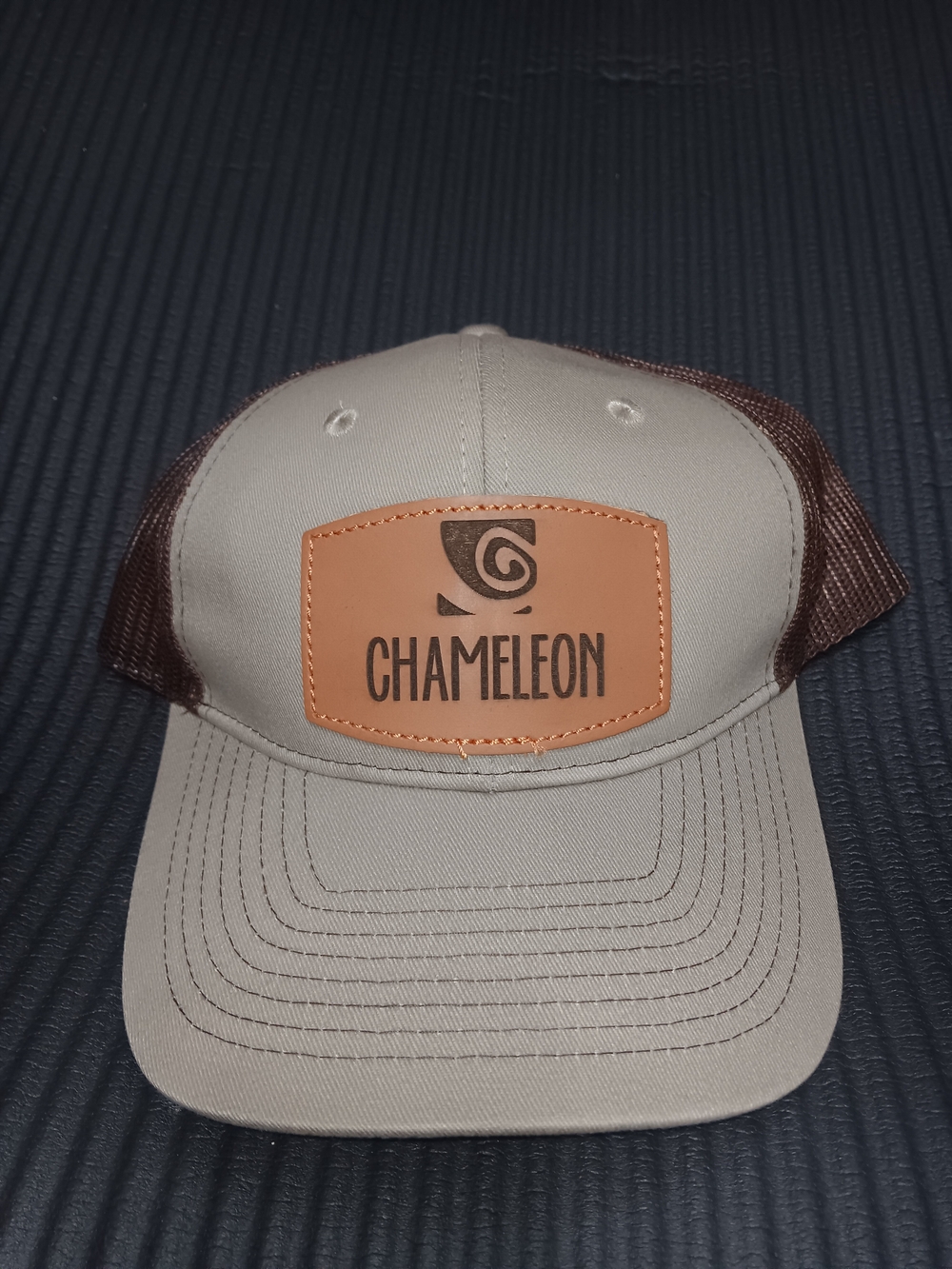 Chameleon Leather Patch Trucker Hat - Khaki & Brown Cap  Porthautority